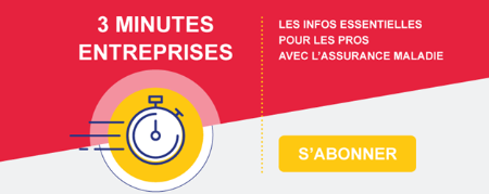 logo 3 minutes entreprises, les infos essentielles pour les pros avec l'assurance maladie, s'abonner